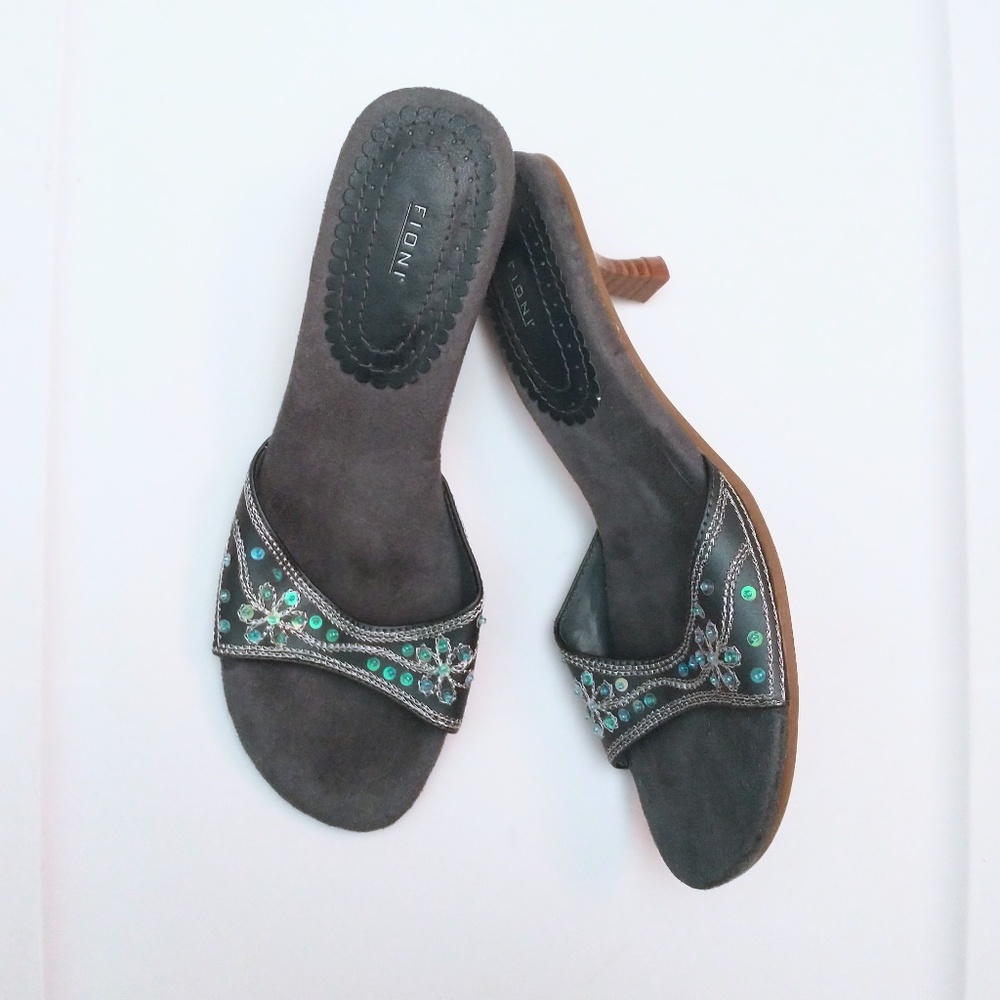 FIONI: Blue Wooden Kitten Heel Sandals 6